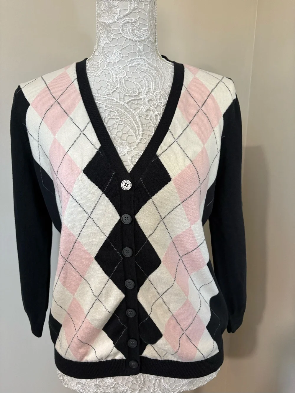 Michael Kors Black, Pink & Cream Argyle V-Neck Cardigan 100% Cotton XL